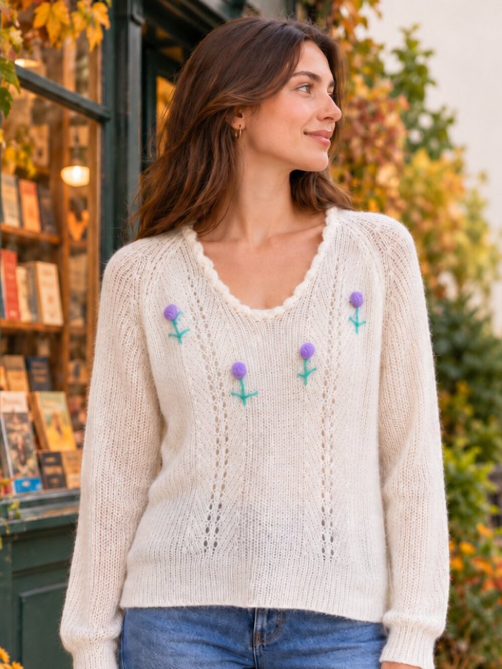 True Vintage Adoria Y2K Cream Floral Embroidered V Neck Open Knit Sweater Small